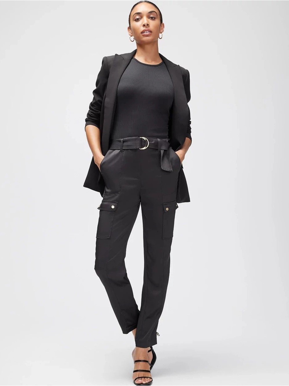 White House Black Market Satin Like Belted Utility Trousers Black  Size 12